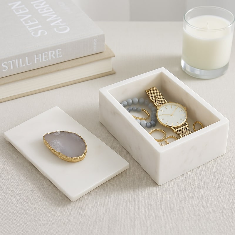 Marble Decorative Box with Agate Handle and Lid - 6" x 4" x 3"