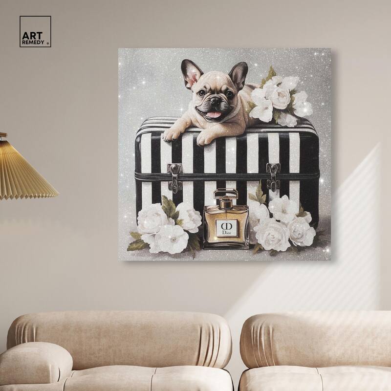 Frenchie Luggage Flowers Canvas by Art Remedy, Gallery Wrapped