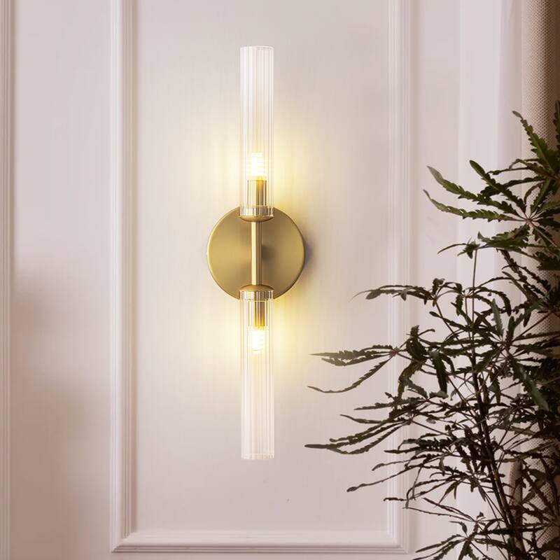 2-Light Mid-Century Modern Brushed Gold/Matte Black Finish Linear Vanity Light with Clear Striped Glass for Bathroom