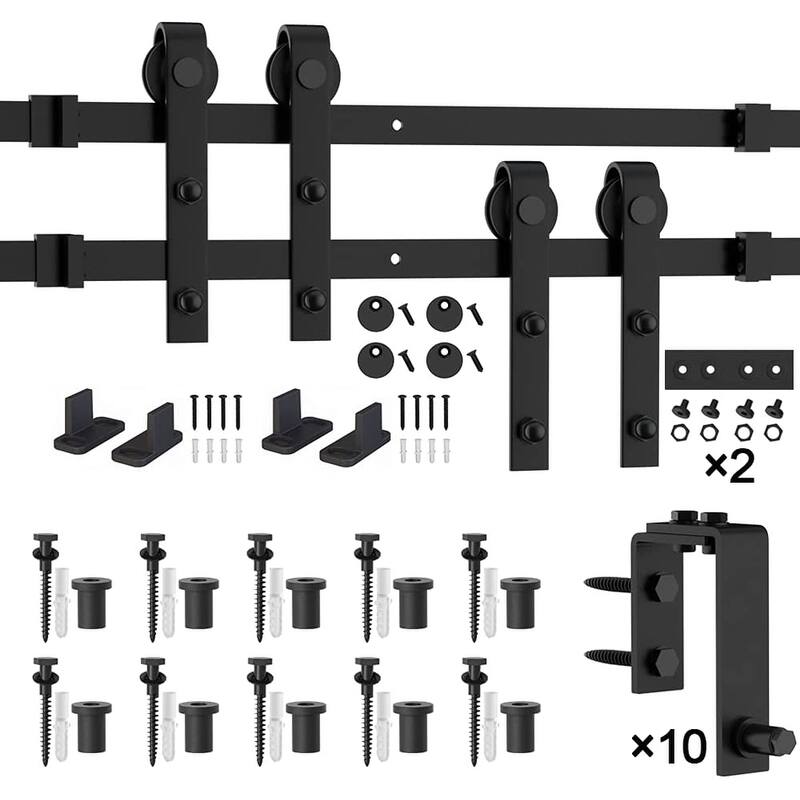 WINSOON 5-16FT Bypass Sliding Barn Door Hardware Kit for Double Doors J Shape Hangers