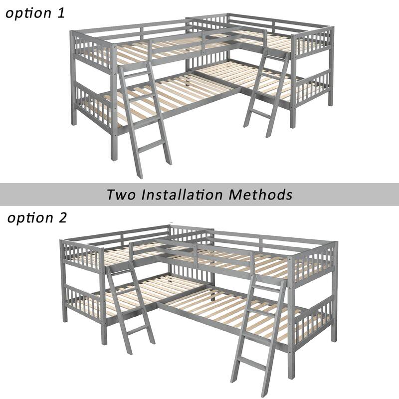 Twin Over Twin LShaped Bunk Bed, Quad Bunk Bed with Angle ladder and