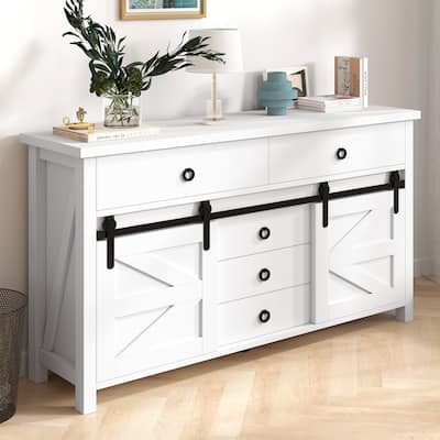Moasis 54"W Modern White Combo Dresser with 2 Barn Doors, 5 Drawers