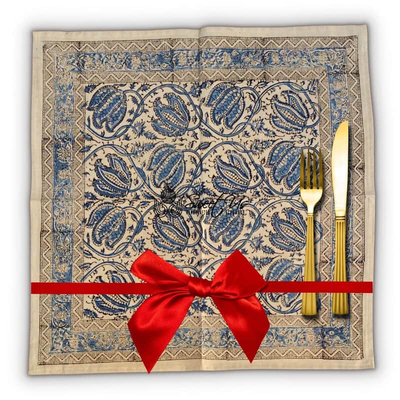 Vegetable Dye Tulip Floral Block Print Tablecloth Collection - Set of 4 Napkins - Blue
