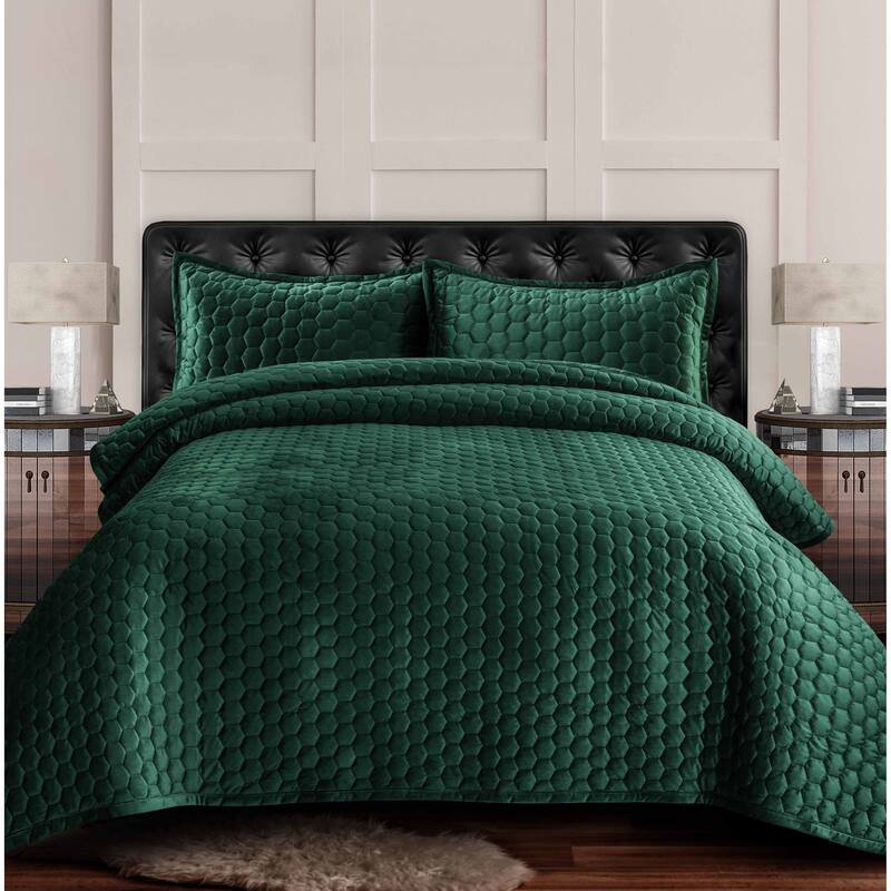 Lugano Honeycomb Velvet Oversized Solid Quilt Set - Teal - Queen