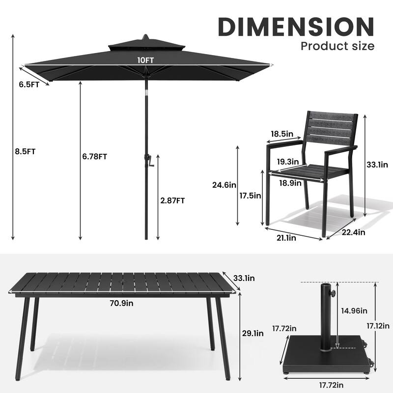 9-Piece Outdoor Dining Set Aluminum Table and 8 Stackable Chairs and 10 ft Umbrella with Base
