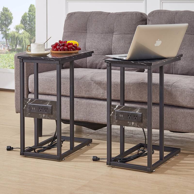 Javlergo Set of 2 C-Shaped End Tables with Charging Station Outlets & USB Fits Sofa Bed for Small Spaces Nightstand & Sofa Table