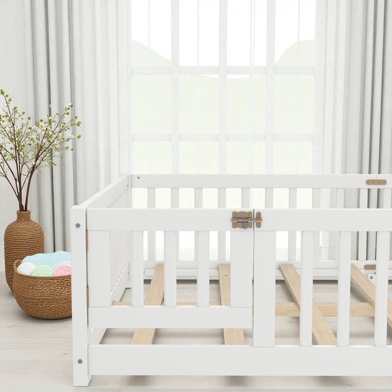 Twin/Full/Queen Size Wood Floor Bed with Door and Guardrails for Kids, Montessori Bed with Removable Slats