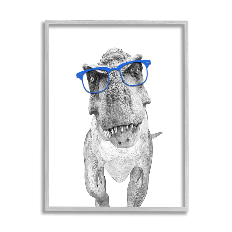 Stupell Adorable Monochrome T-Rex Dinosaur Blue Glasses Illustration by Annalisa Latella Framed Wall Art - 16 x 20 - Grey
