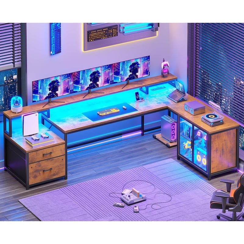 L Shaped Gaming Desk Drawers Computer Desk with Display Cabinet