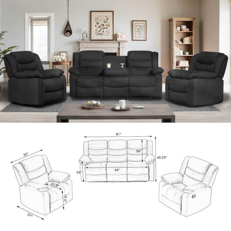 Modern 3-Piece Manual Reclining Living Room Sofa Set with Dropdown Table and Console
