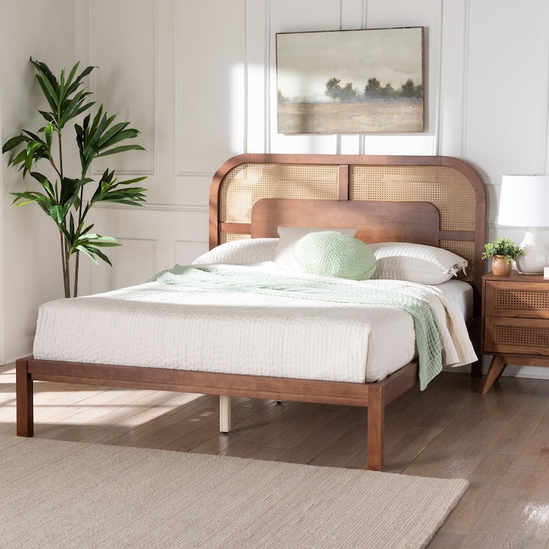 Raewyn Wood Platform Bed - Low Profile Bed Frame with Decorative Rattan Weave Inlay and Rounded Headboard, Queen