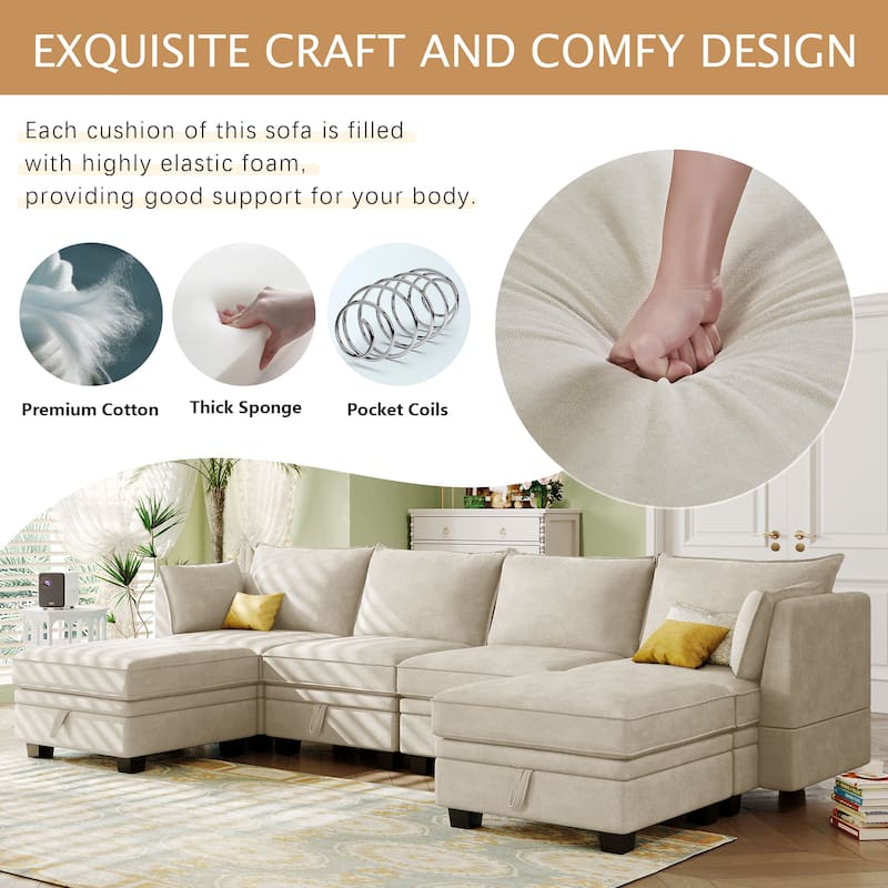 Beige 115.1'' Versatile Large U-Shaped 6 Seater Modular Sectional Sofa with Storage, Pull-Out Bed and Reversible Chaise
