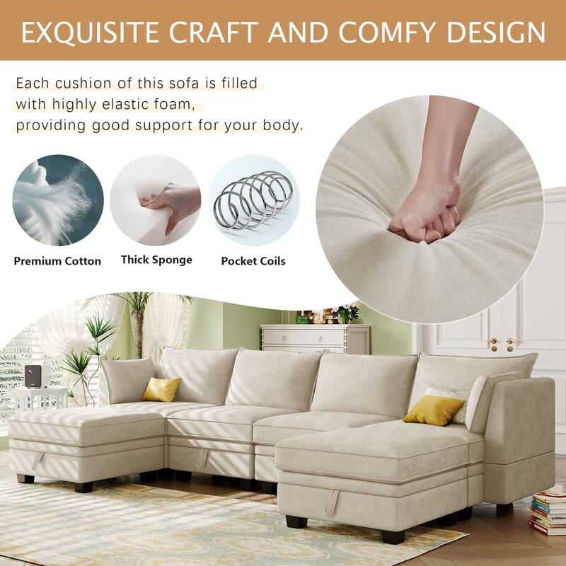 U-Shape Modular Sectional Sofa, Convertible Sectional Sofa Bed, Upholstered Sofa with Reversible Chaise & Ottoman