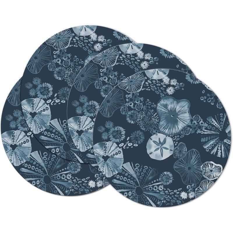 Tidal Shells 4 Pack Round Reversible Easy Care Flexible Plastic Placemats Made in The USA Reversible Flexible Easily Wipes Clean - Multi - Set of 4