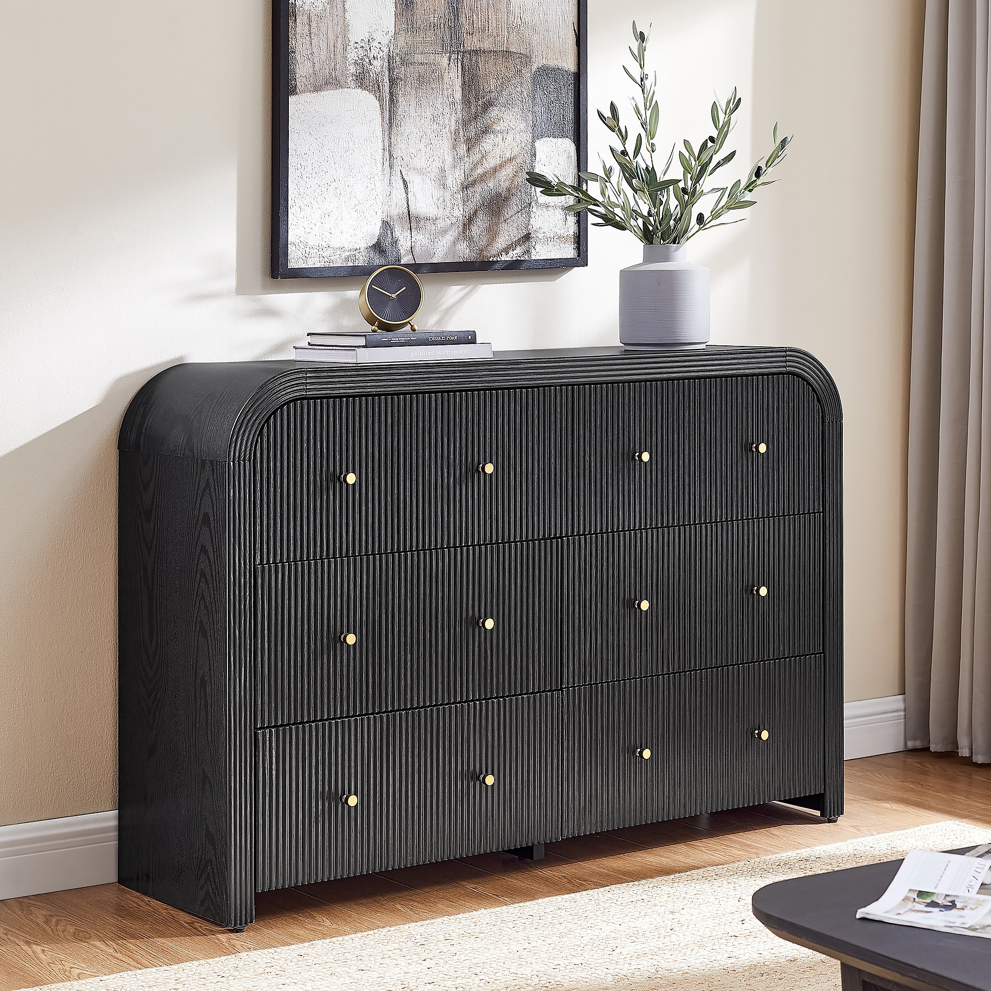 Modern Fluted 6 Drawers Dresser, Wood Chest of Drawers for Bedroom