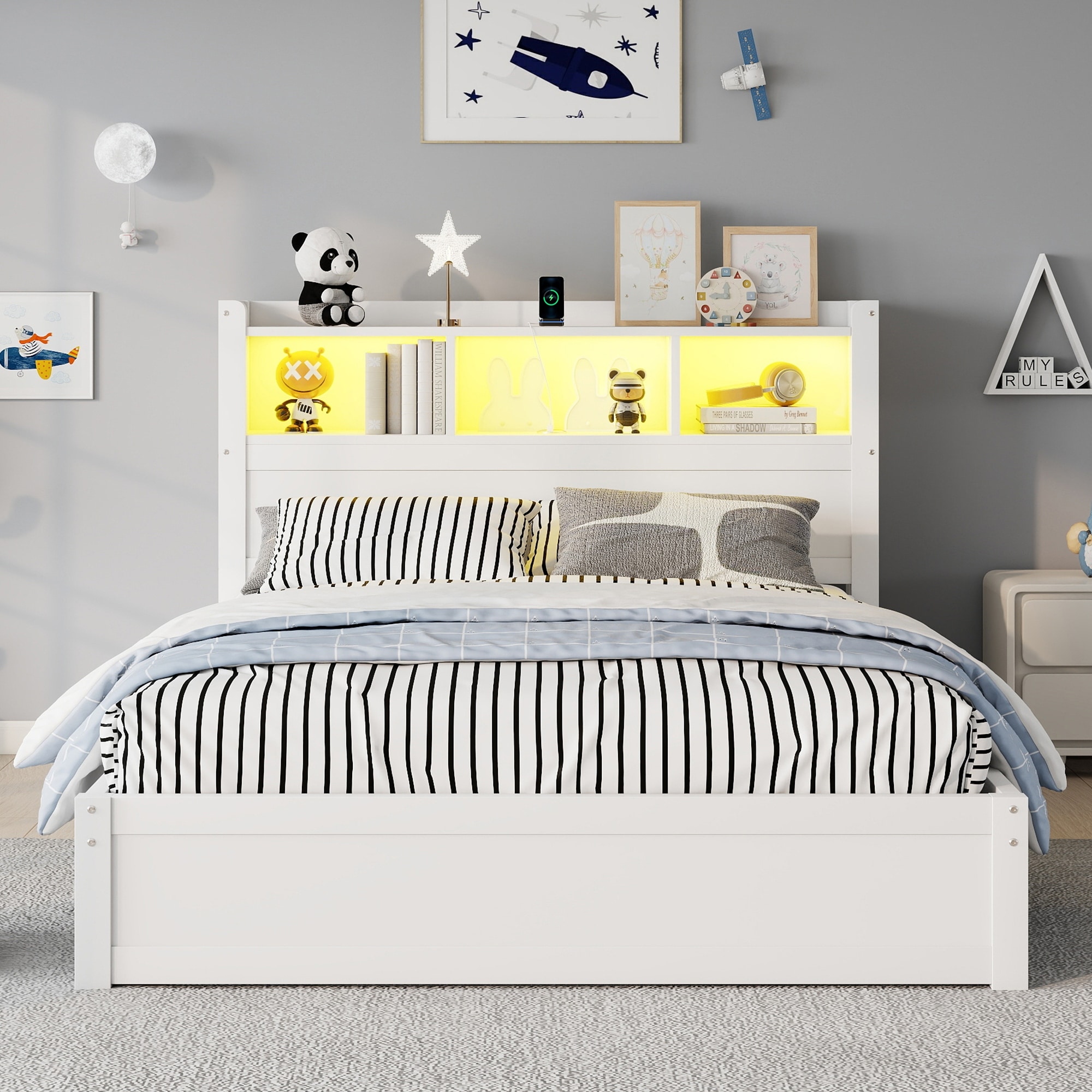 Full Size Platform Bed Frame with Drawers & Storage Headboard