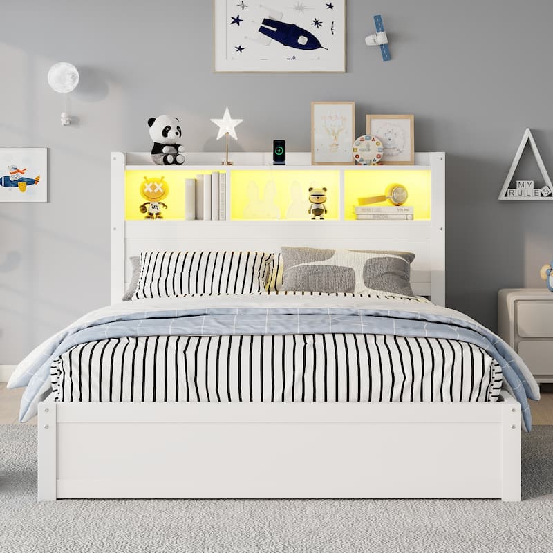 Platform Bed with Storage Headboard Pull Out Storage Cabinet, Bookcase Bed with Drawers, Wood Wingback Bed with Light and Socket