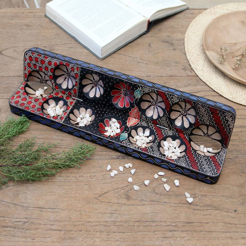 Novica Handmade Fun Parang Blue Wood Batik Mancala Board Game