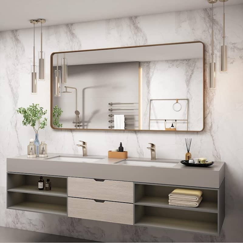 Aluminum alloy Framed Tempered Glass Wall Bathroom Vanity Mirror - 65" x 22" - Gold