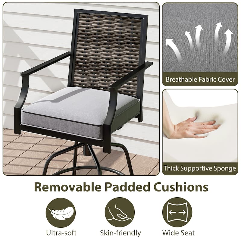 Outdoor Wicker Swivel Bar Stools Set of 2 Patio Chairs with Cushions - 25" x 24" x 45"