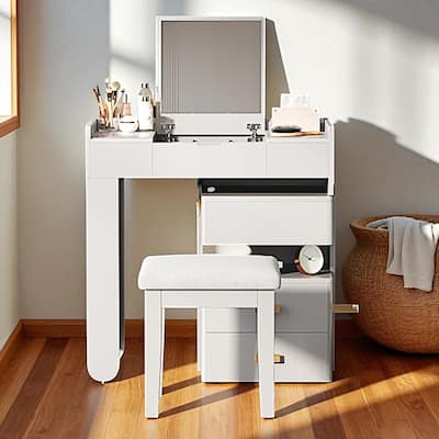 3-in-1 Makeup Vanity Desk with Flip-Top LED Mirror, Retractable Side Cabinet, Storage Drawers & Stool