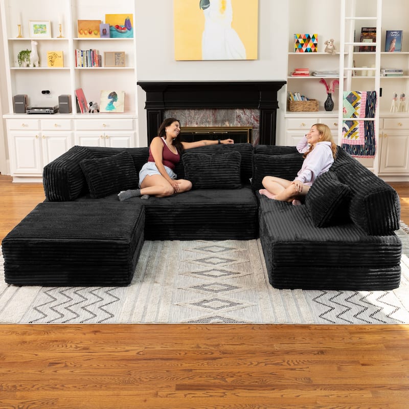 Jaxx Unsofa Modular Convertible Sectional Sofa with Fold Out King Sleeper Bed - U-Shaped Sectional. - Faux Fur Black