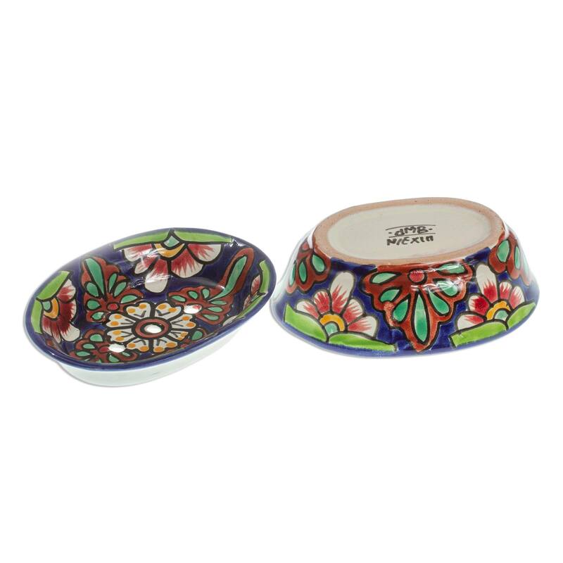 Novica Handmade Blue Bouquet Ceramic Soap Dish