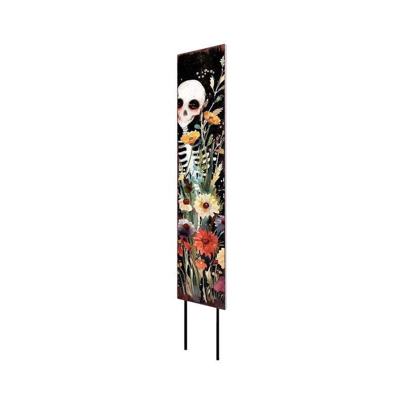 HomeRoots 42" Black White And Orange Solid Wood Halloween Skeleton Garden Stake