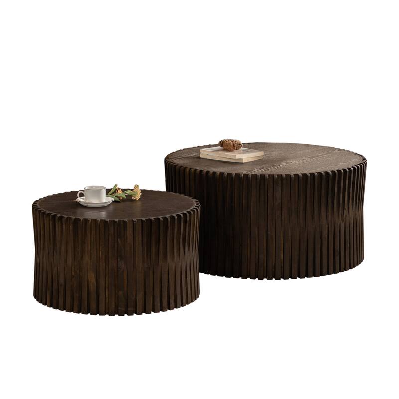 GDFStudio Kaelvin Vintage Round Nesting Coffee Table Set with Fir Wood Relief