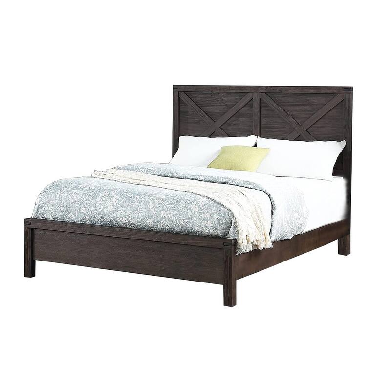 Queen Size Wood Panel Bed with X-Design Headboard and Rustic Contemporary Style
