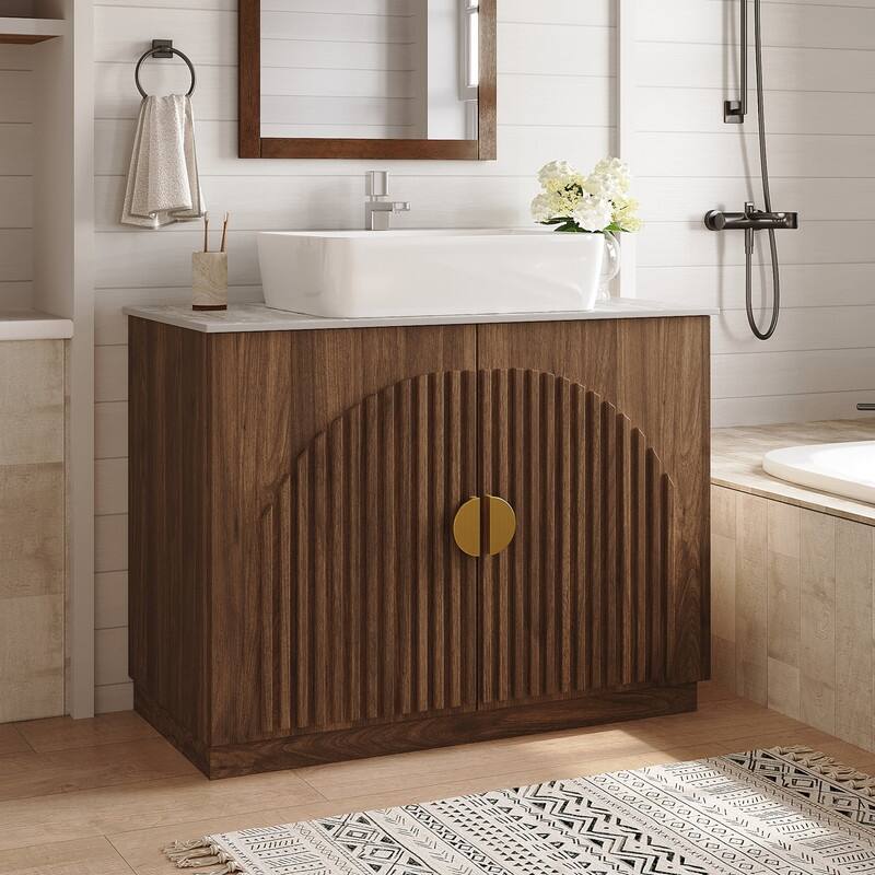 36" Mid - Century Modern Bathroom Vanity With Single Sink Grille Door & Gold Accents