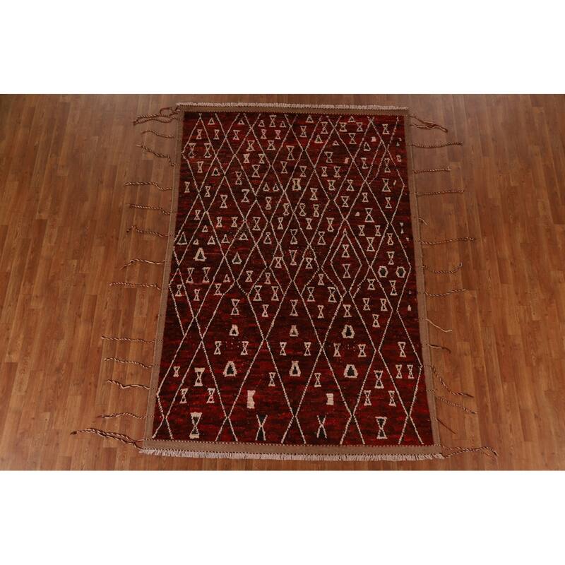 Hand Knotted Oriental 100% Wool Carpet Tribal Trellis Red Moroccan Area Rug - 8' 3'' X 5' 7''