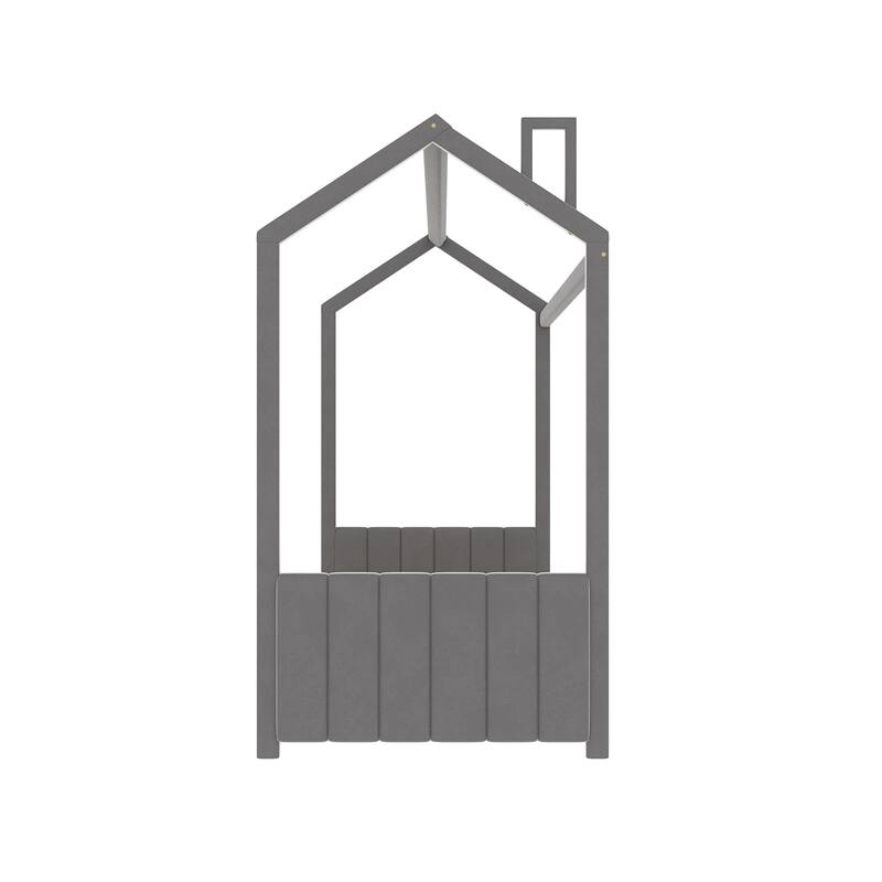 Gray Velvet House Bed with Roof and Playhouse Design - Perfect for Kids' Playtime