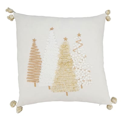 Joyful Christmas Trees Throw Pillow with Pom-Pom Trim