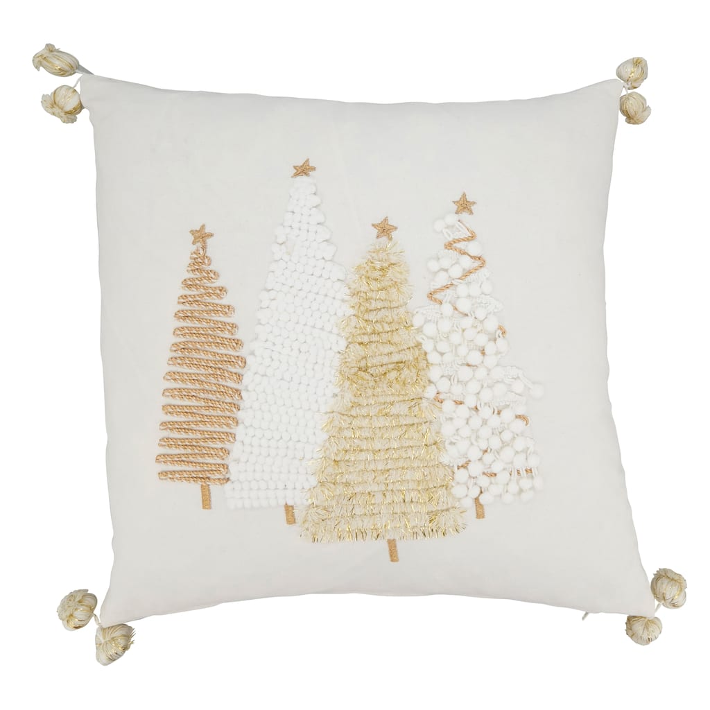 Joyful Christmas Trees Throw Pillow with Pom-Pom Trim