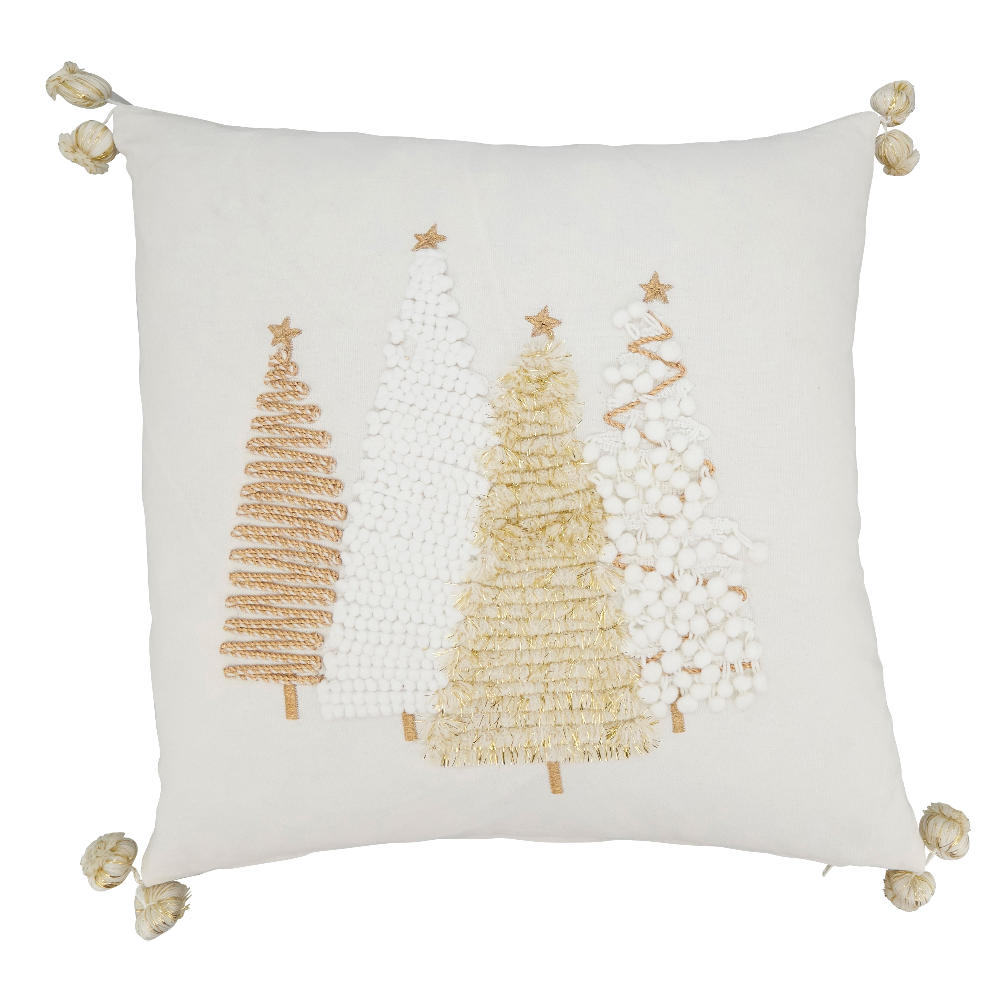 Joyful Christmas Trees Throw Pillow with Pom-Pom Trim
