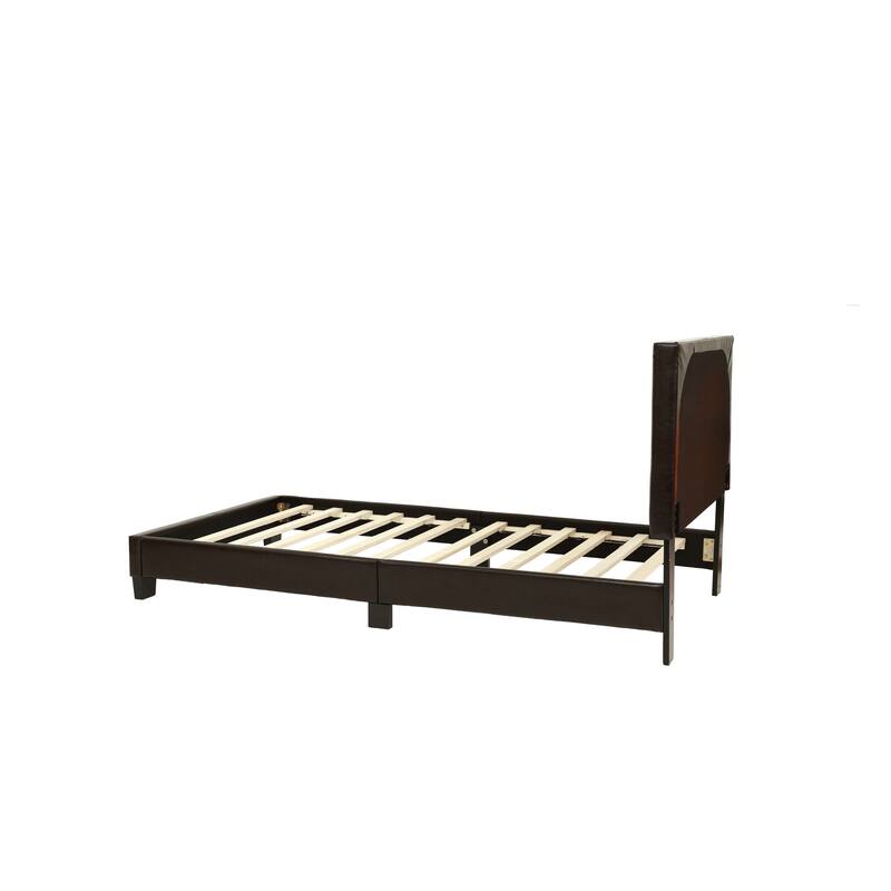 Twin Size Faux Leather Upholstered Bedframe with Adjustable Headboard, Modern Brown Bedroom Furniture