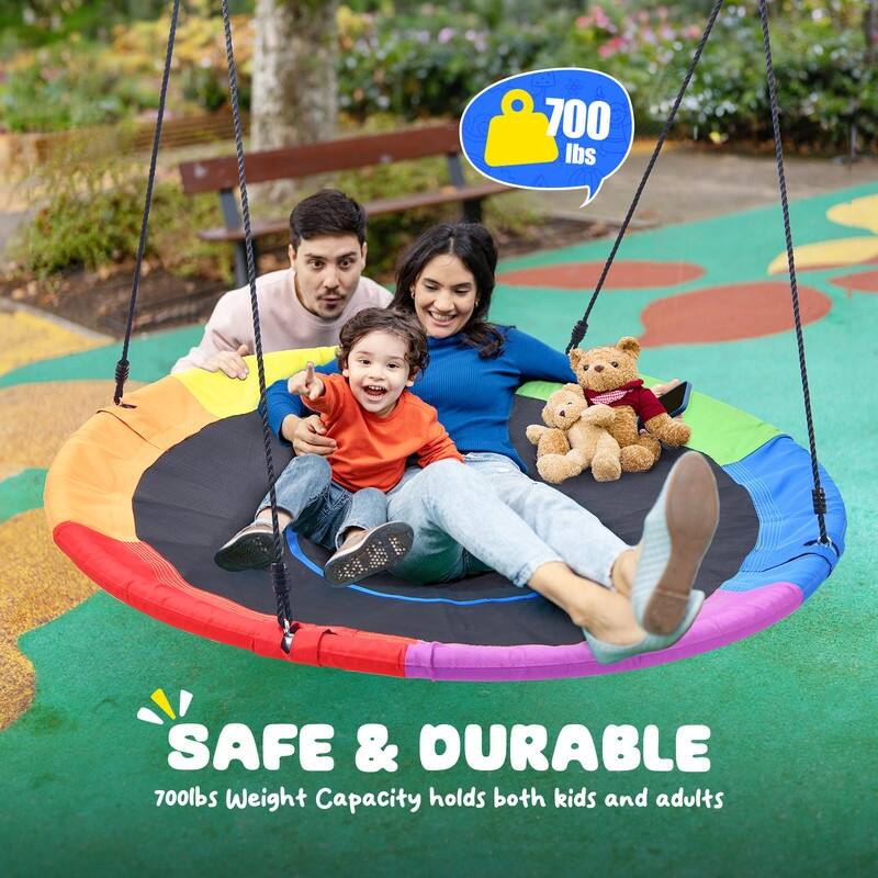 60" Large Saucer Tree Swing for Kids Adults 900D Oxford Waterproof with 2pcs Hanging Straps-Rainbow