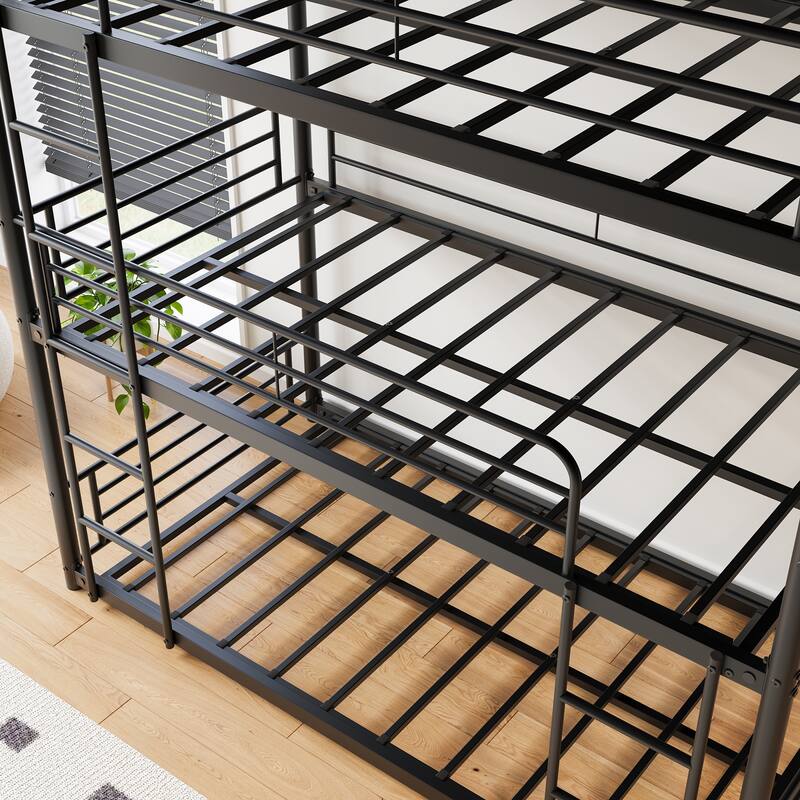Black Twin Metal Bunk Bed with Trundle, Ladder, and Full-Length Guardrail