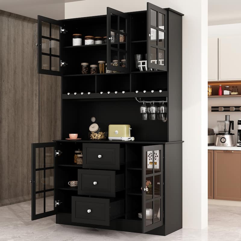 78.9''Pantry Buffet White Buffet with Wine Glass Rack Drawer and Hutch