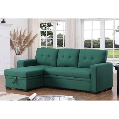 Linen L-Shaped Convertible Sectional Sofa Bed with Storage and Wooden Accent