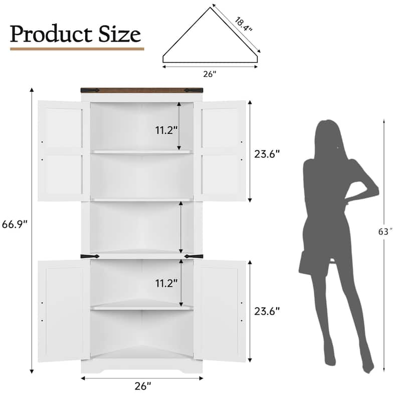 67" Tall Corner Storage Cabinet with Lights, Farmhouse Corner Hutch Display Cabinet with Glass Doors