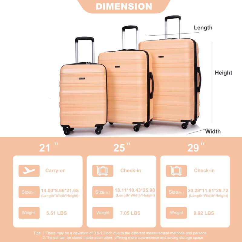 3 Piece PC Expandable Luggage Sets, Modern Lightweight Durable Suitcase with TSA Lock, Two Hooks and Spinner Wheels