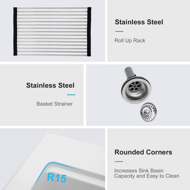 30" Drop-In Single Bowl Quartz Kitchen Sink with Pull-Out Faucet in White - 30'' x 22'' x 10''