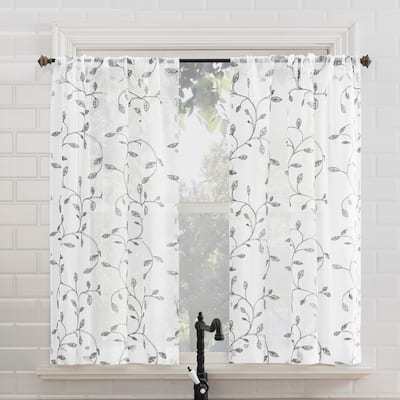 No. 918 Francine Embroidered Foliage Semi-Sheer Rod Pocket 2-Piece Kitchen Curtain Tier Pair - 54" x 36"