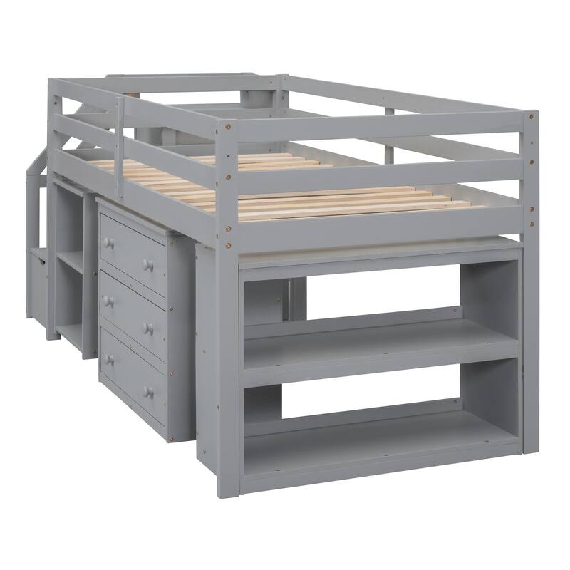 Pine Wood Low Loft Bed with Storage Stairs, Shelves, Retractable Writing Desk, 3 Drawers, Wooden Lofbed Frame for Kids Bedroom