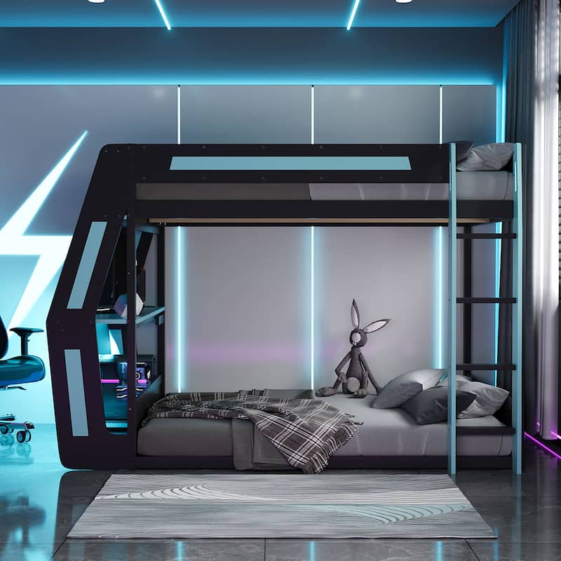 Full Size Gaming Loft Bed with RGB Desk & LED Lights - Heavy Duty Esports Bunk Bed with USB Ports, Cable Management for Gamers