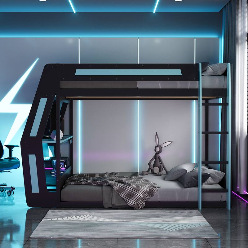 Roomfitters Full Size Gaming Bunk Bed with Oversized RGB Desk and USB Ports, Esports Loft - Blue
