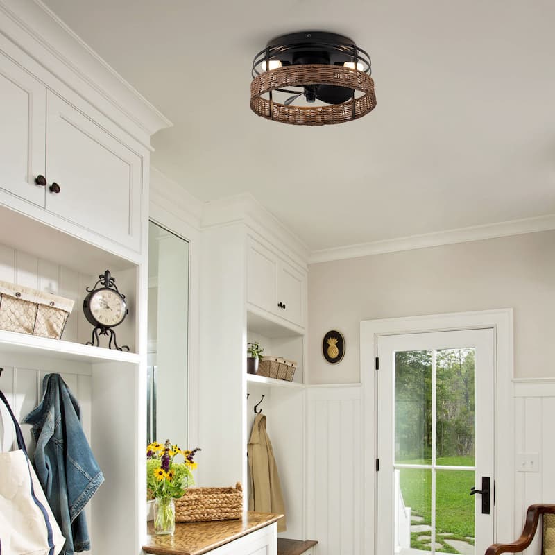 Farmhouse Black 3-Blade Drum Flush Mount Ceiling Fan with Remote and Light - 12.5-in W