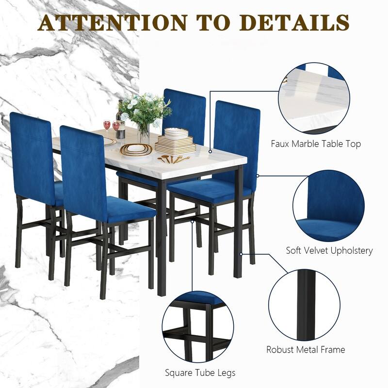 Grondin Modern Style Faux Marble Top 5-Piece Casual Dining Room Table Set with 4 Velvet Upholstered Dining Chairs